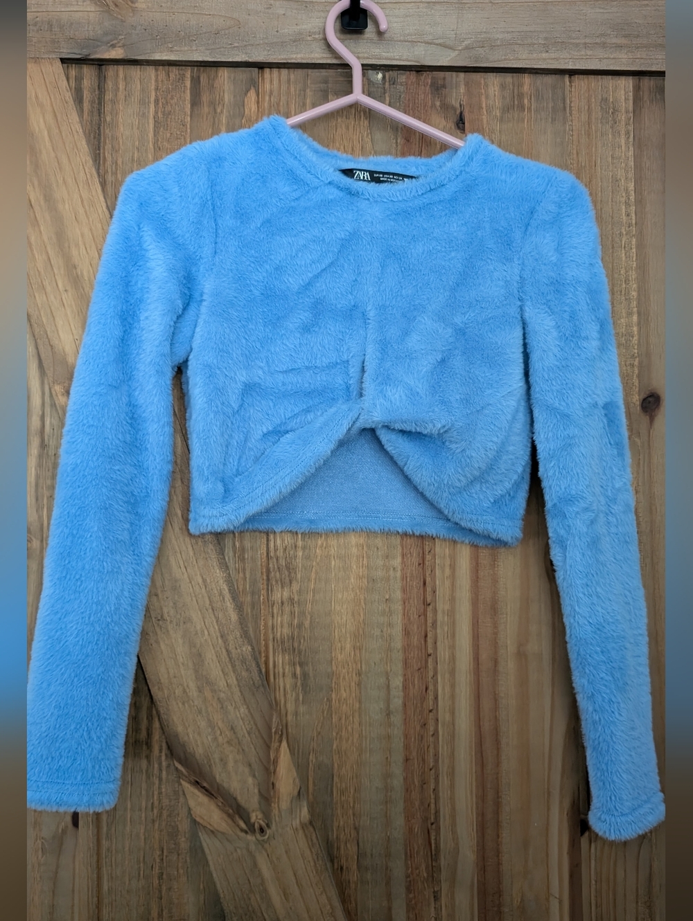 Zara Light Blue Fuzzy Cropped Twist-Front Sweater